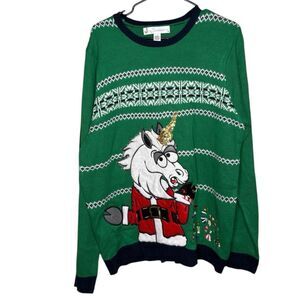 Jolly Sweaters Unicorn Barfing Candy Ugly Christmas Sweater Novelty Green Large